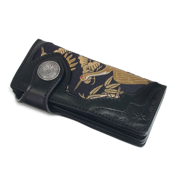 Japanese Kimono&Old Silver Coin Handmade Carved Cow Leather Wallet Crane Black | eBay